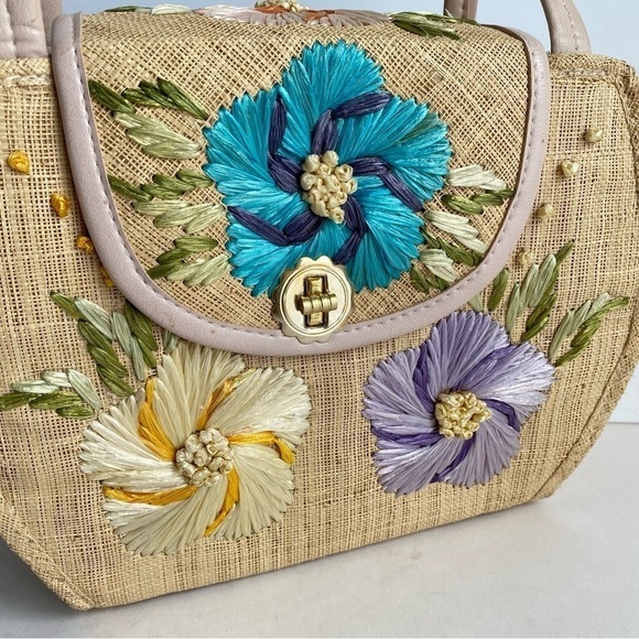 Vintage 50s 60s Straw Raffia Purse Floral Top Handle Bag Summer Beach Handbag - Picture 2 of 11